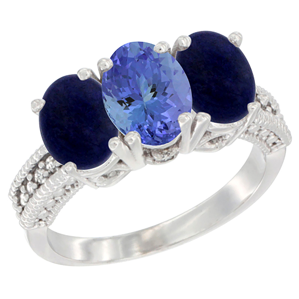 Sabrina Silver 14K White Gold Natural Tanzanite Ring with Lapis 3-Stone 7x5 mm Oval Diamond Accent, sizes 5 - 10