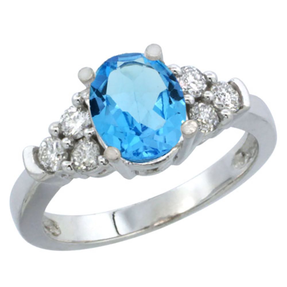 Sabrina Silver 10K White Gold Genuine Blue Topaz Ring Oval 9x7mm Diamond Accent sizes 5-10