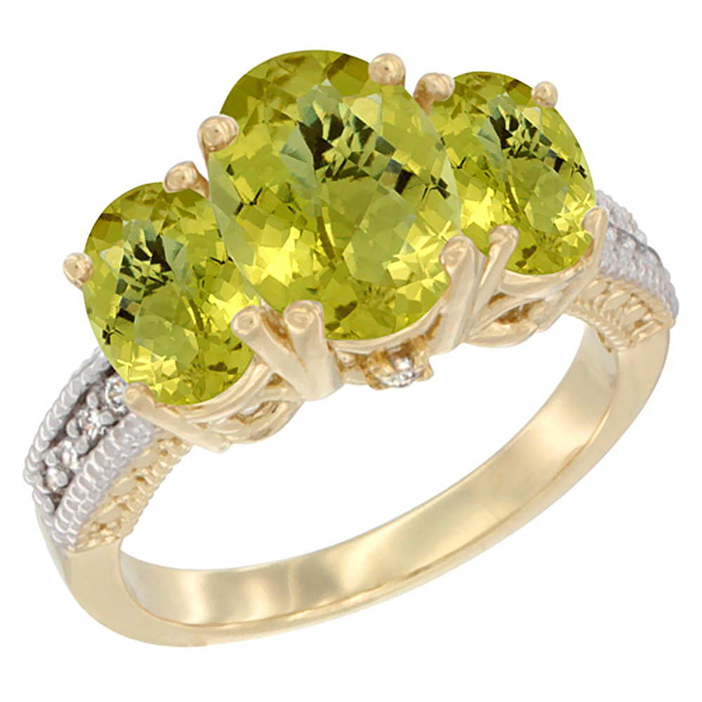 Sabrina Silver 14K Yellow Gold Diamond Natural Lemon Quartz Ring 3-Stone Oval 8x6mm, sizes5-10