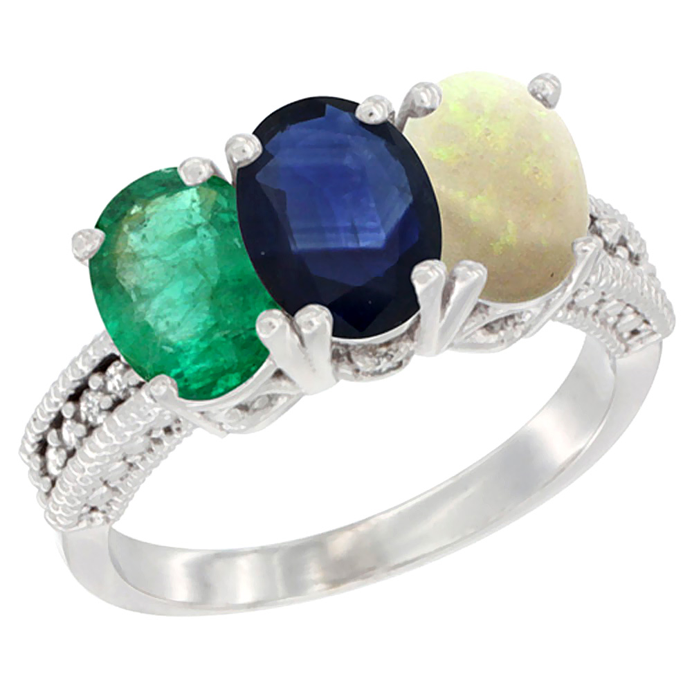 Sabrina Silver 10K White Gold Diamond Natural Emerald, Blue Sapphire & Opal Ring 3-Stone 7x5 mm Oval, sizes 5 - 10