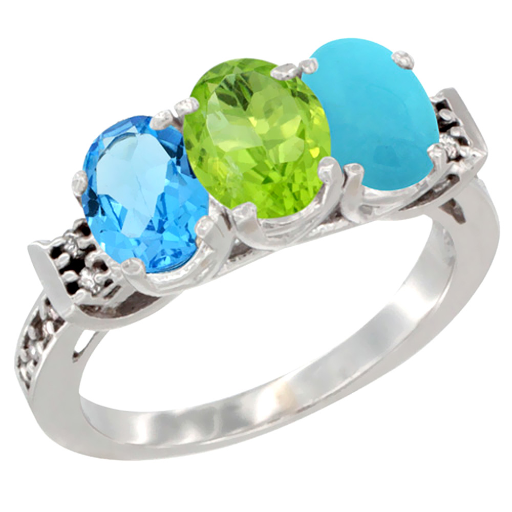 Sabrina Silver 10K White Gold Natural Swiss Blue Topaz, Peridot & Turquoise Ring 3-Stone Oval 7x5 mm Diamond Accent, sizes 5 - 10