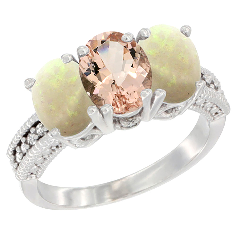 Sabrina Silver 10K White Gold Diamond Natural Morganite & Opal Ring 3-Stone 7x5 mm Oval, sizes 5 - 10