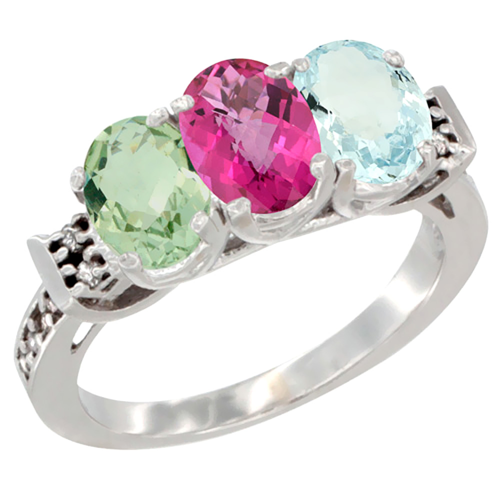 Sabrina Silver 10K White Gold Natural Green Amethyst, Pink Topaz & Aquamarine Ring 3-Stone Oval 7x5 mm Diamond Accent, sizes 5 - 10