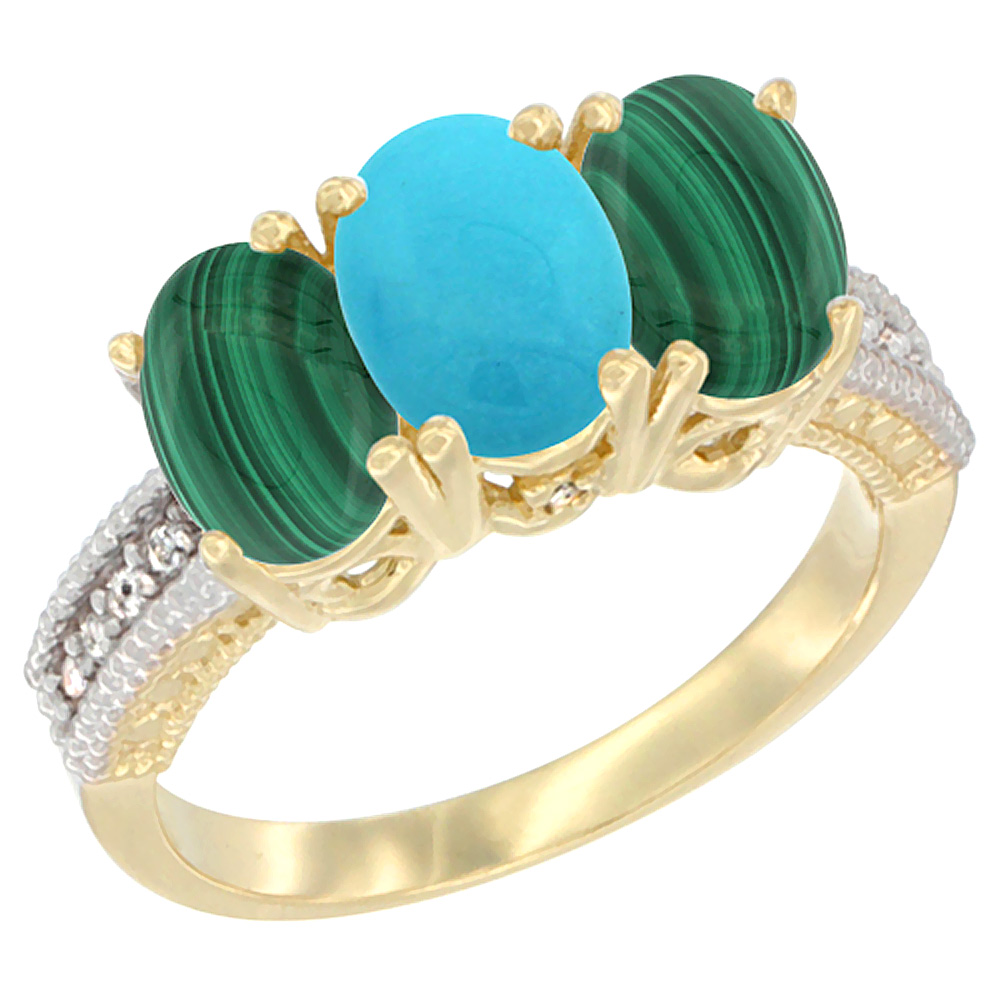 Sabrina Silver 14K Yellow Gold Natural Turquoise Ring with Malachite 3-Stone 7x5 mm Oval Diamond Accent, sizes 5 - 10
