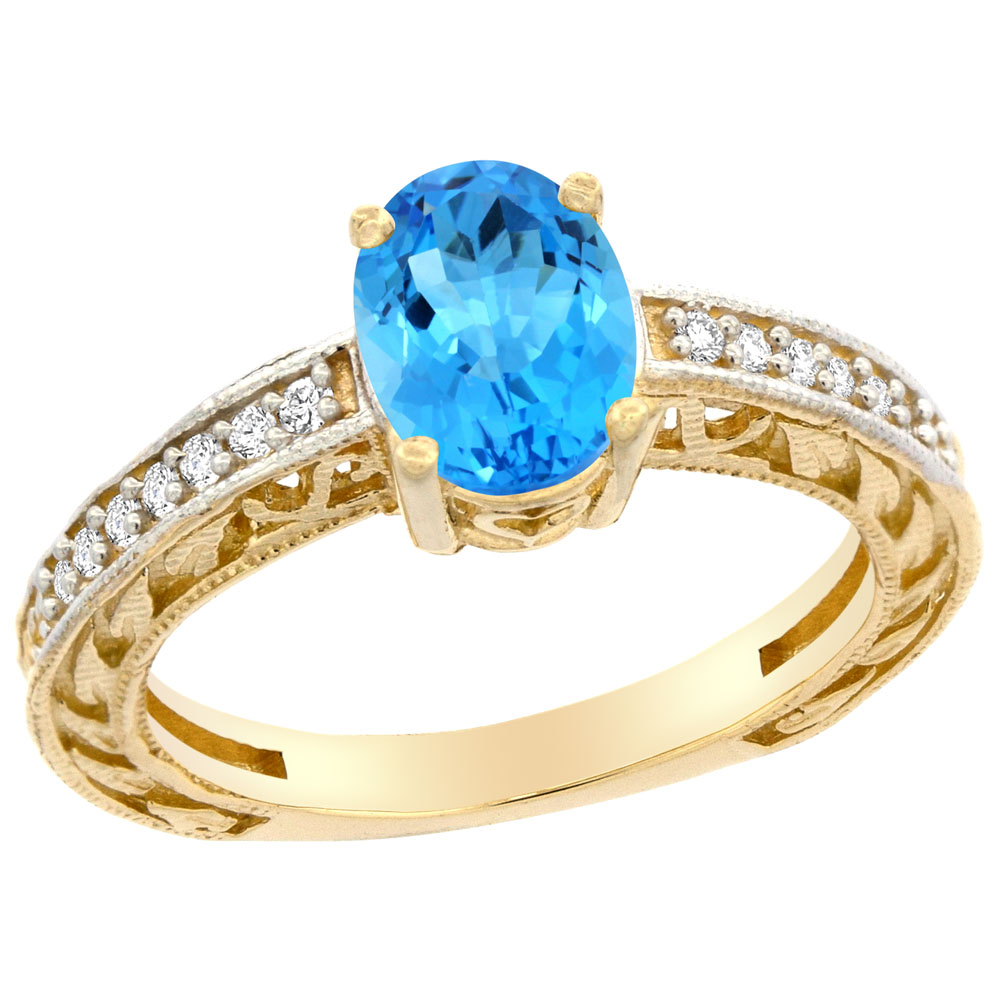 Sabrina Silver 10K Gold Genuine Blue Topaz Ring Oval 8x6 mm Diamond Accent sizes 5 - 10