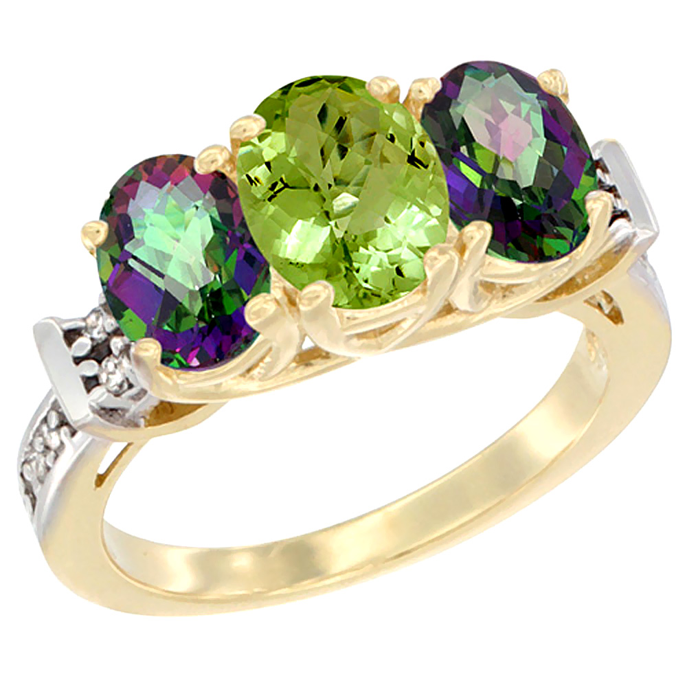 Sabrina Silver 14K Yellow Gold Natural Peridot & Mystic Topaz Sides Ring 3-Stone Oval Diamond Accent, sizes 5 - 10