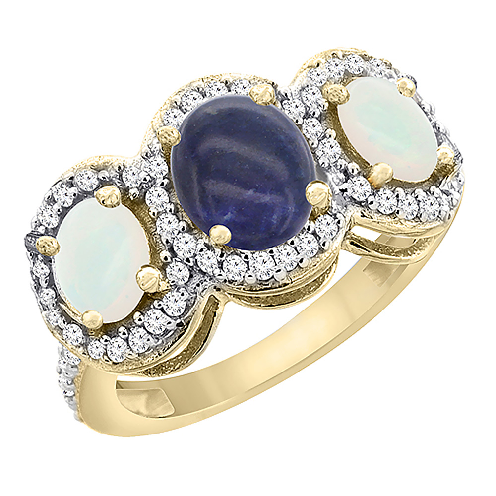 Sabrina Silver 14K Yellow Gold Natural Lapis & Opal 3-Stone Ring Oval Diamond Accent, sizes 5 - 10