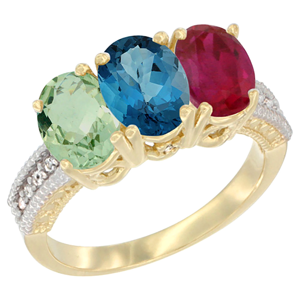 Sabrina Silver 10K Yellow Gold Diamond Natural Green Amethyst, London Blue Topaz & Enhanced Ruby Ring Oval 3-Stone 7x5 mm,sizes 5-10