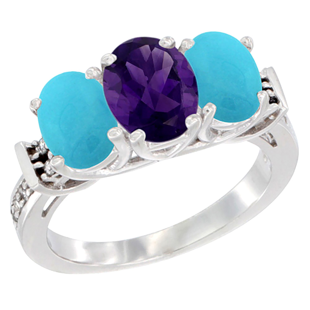 Sabrina Silver 10K White Gold Natural Amethyst & Turquoise Sides Ring 3-Stone Oval Diamond Accent, sizes 5 - 10