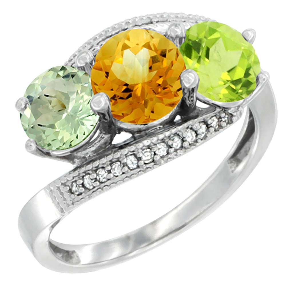 Sabrina Silver 14K White Gold Natural Green Amethyst, Citrine & Peridot 3 stone Ring Round 6mm Diamond Accent, sizes 5 - 10