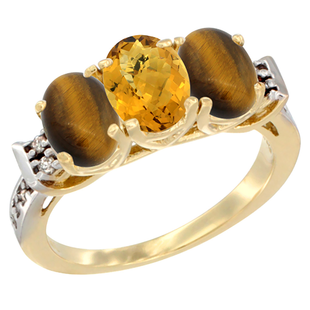 Sabrina Silver 14K Yellow Gold Natural Whisky Quartz & Tiger Eye Sides Ring 3-Stone Oval 7x5 mm Diamond Accent, sizes 5 - 10