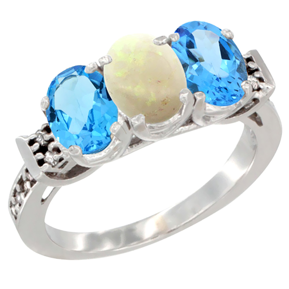 Sabrina Silver 14K White Gold Natural Opal & Swiss Blue Topaz Sides Ring 3-Stone 7x5 mm Oval Diamond Accent, sizes 5 - 10