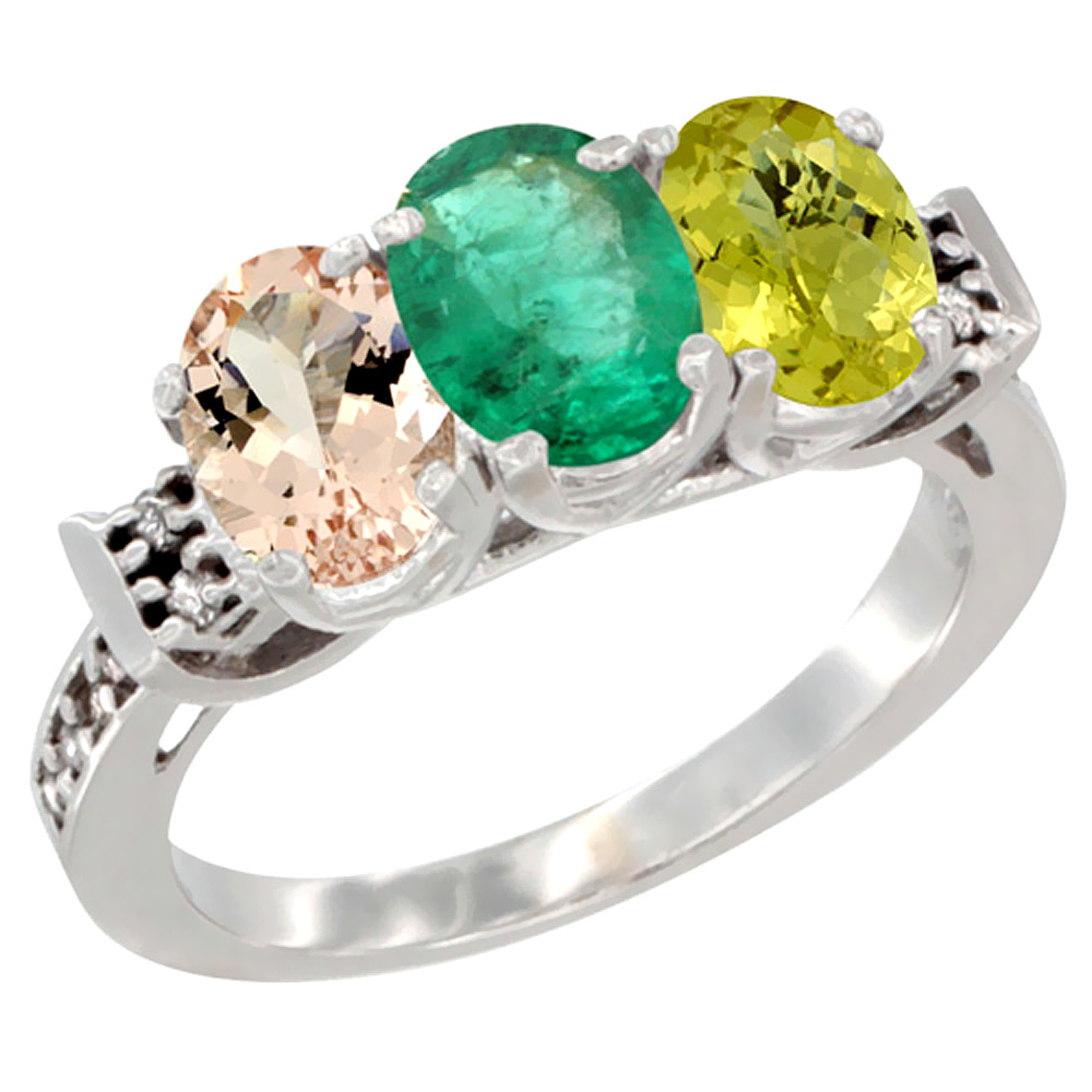 Sabrina Silver 10K White Gold Natural Morganite, Emerald & Lemon Quartz Ring 3-Stone Oval 7x5 mm Diamond Accent, sizes 5 - 10