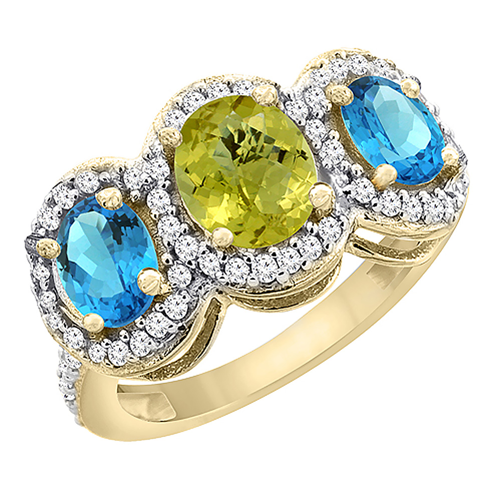 Sabrina Silver 10K Yellow Gold Natural Lemon Quartz & Swiss Blue Topaz 3-Stone Ring Oval Diamond Accent, sizes 5 - 10