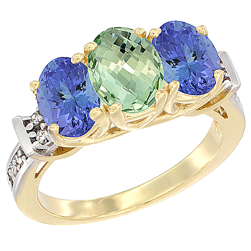 Sabrina Silver 14K Yellow Gold Natural Green Amethyst & Tanzanite Sides Ring 3-Stone Oval Diamond Accent, sizes 5 - 10