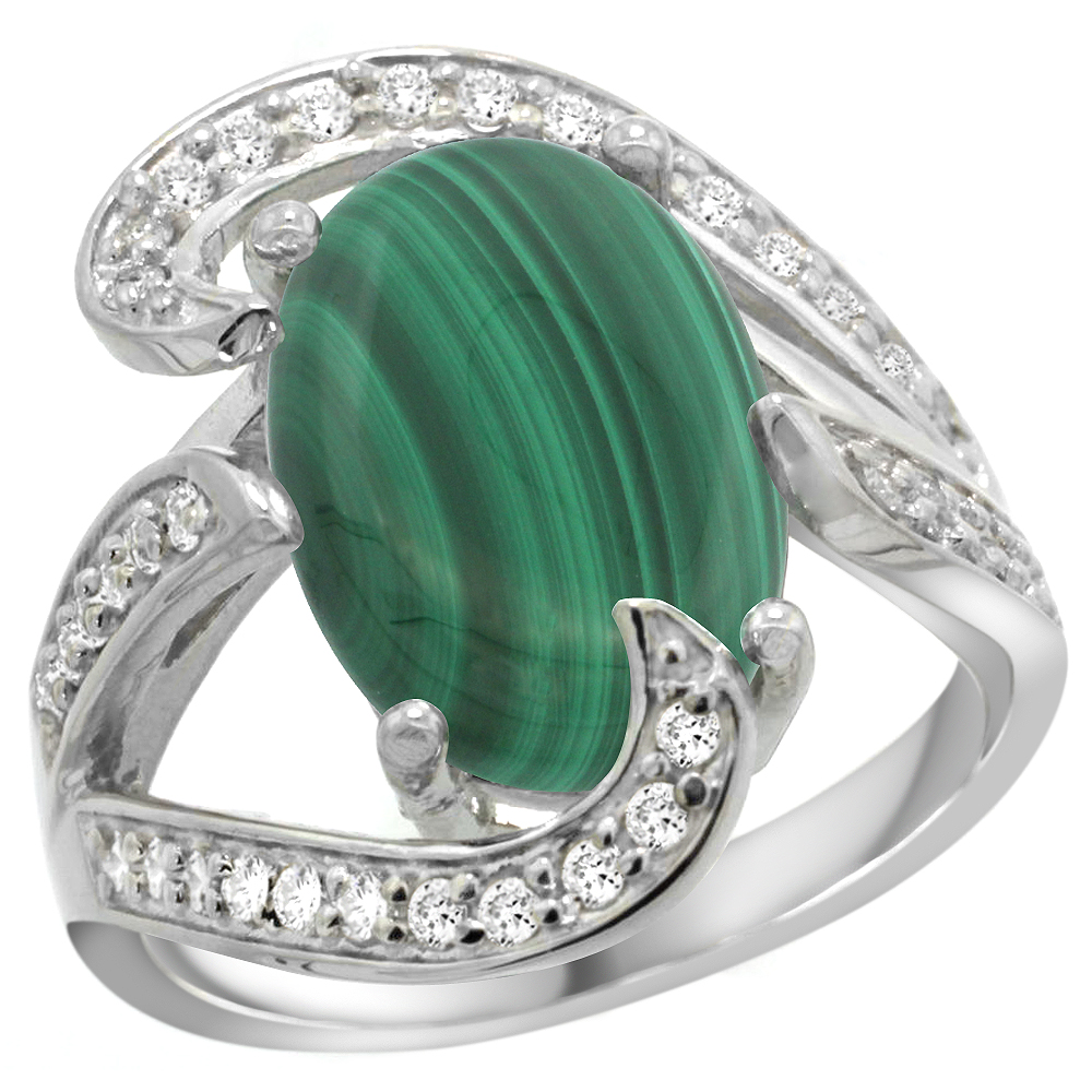 Sabrina Silver 14k White Gold Natural Malachite Ring Oval 14x10mm Diamond Accent, 3/4 inch wide, sizes 5 - 10