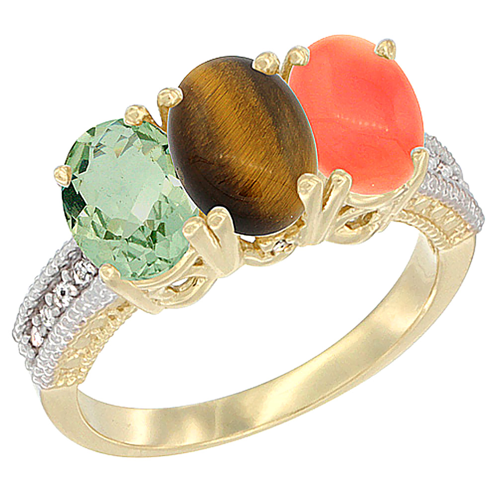 Sabrina Silver 14K Yellow Gold Natural Green Amethyst, Tiger Eye & Coral Ring 3-Stone 7x5 mm Oval Diamond Accent, sizes 5 - 10