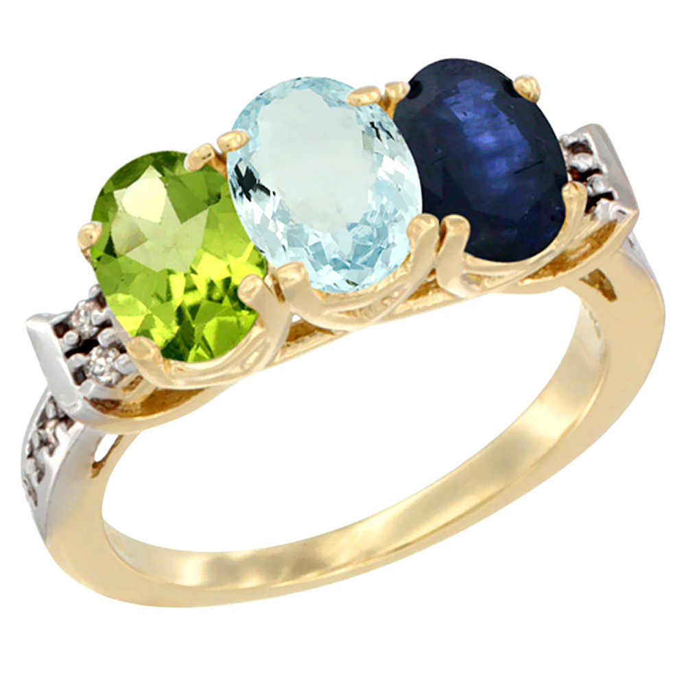 Sabrina Silver 10K Yellow Gold Natural Peridot, Aquamarine & Blue Sapphire Ring 3-Stone Oval 7x5 mm Diamond Accent, sizes 5 - 10