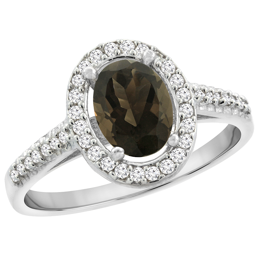Sabrina Silver 14K White Gold Natural Smoky Topaz Engagement Ring Oval 7x5 mm Diamond Halo, sizes 5 - 10
