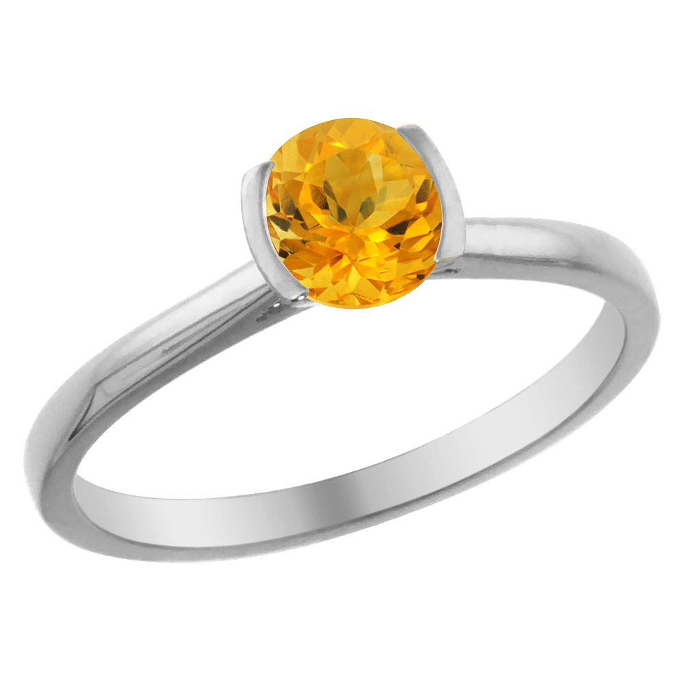 Sabrina Silver 14K White Gold Natural Citrine Solitaire Ring Round 5mm, sizes 5 - 10