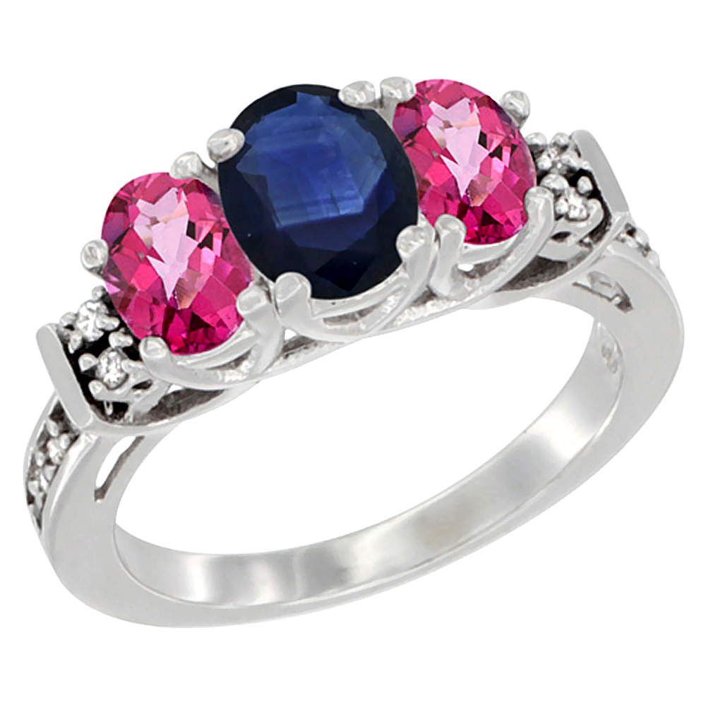 Sabrina Silver 14K White Gold Natural Blue Sapphire & Pink Topaz Ring 3-Stone Oval Diamond Accent, sizes 5-10