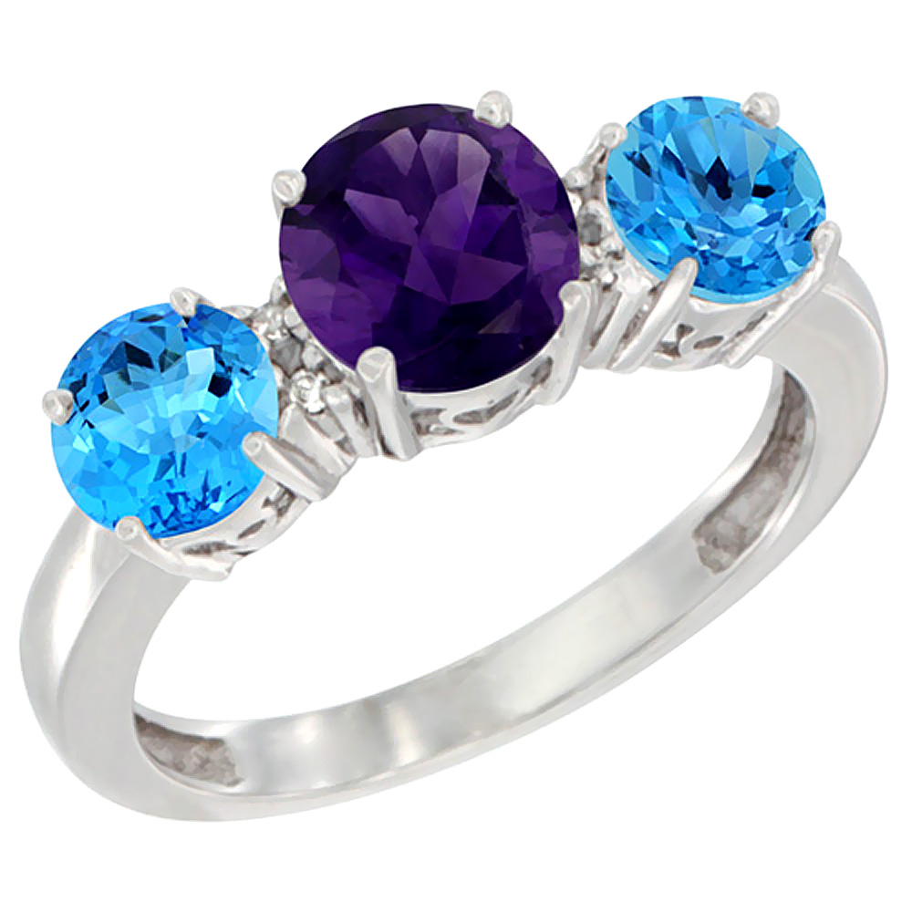 Sabrina Silver 14K White Gold Round 3-Stone Natural Amethyst Ring & Swiss Blue Topaz Sides Diamond Accent, sizes 5 - 10
