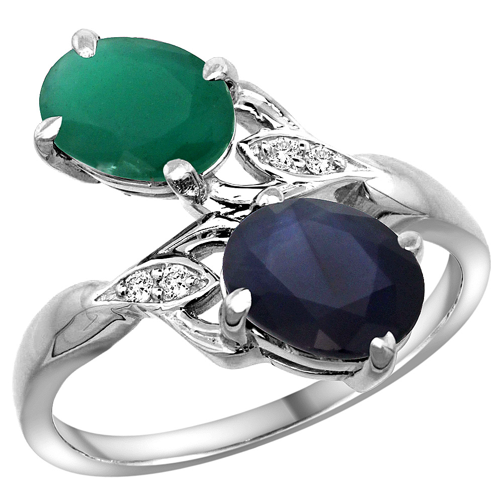 Sabrina Silver 10K White Gold Diamond Natural Quality Emerald & Blue Sapphire 2-stone Mothers Ring Oval 8x6mm, sz 5 - 10