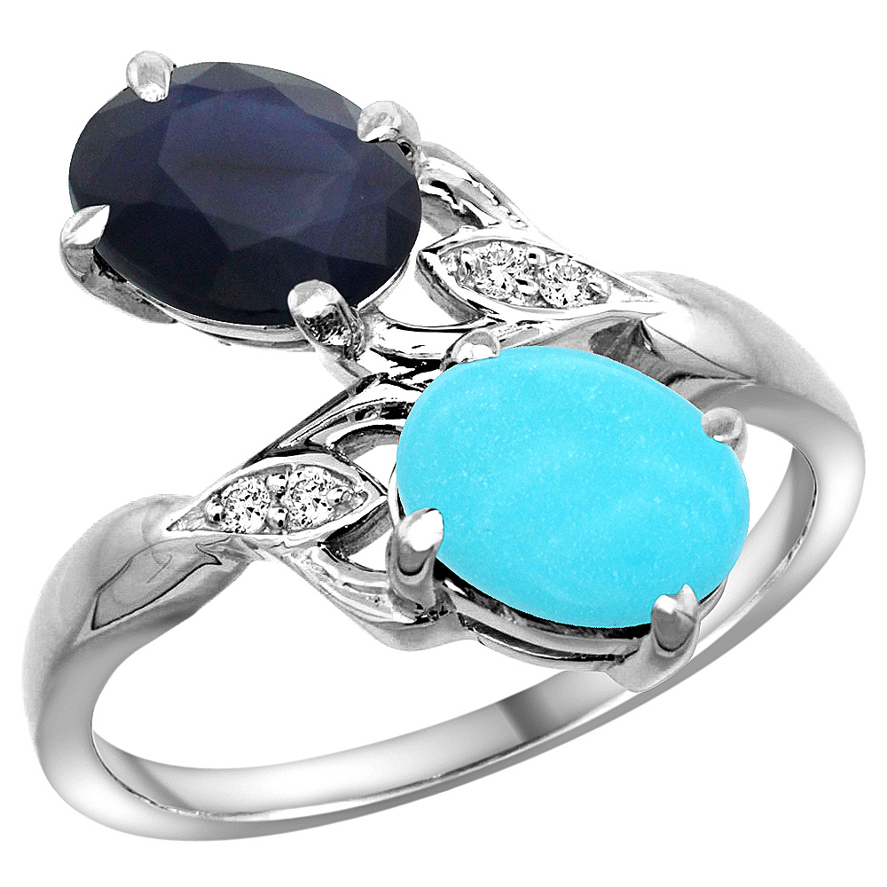 Sabrina Silver 14k White Gold Diamond Natural Quality Blue Sapphire & Turquoise 2-stone Mothers Ring Oval 8x6mm,sz5 - 10