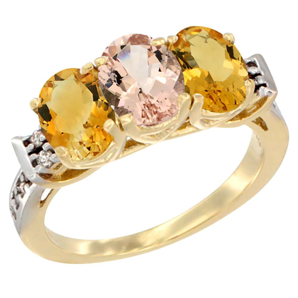 Sabrina Silver 14K Yellow Gold Natural Morganite & Citrine Sides Ring 3-Stone 7x5 mm Oval Diamond Accent, sizes 5 - 10