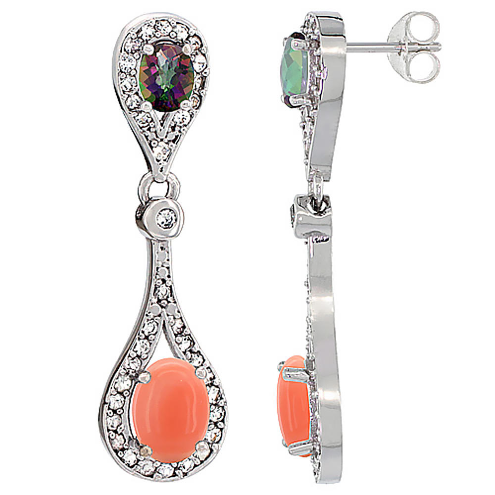 Sabrina Silver 14K White Gold Natural Coral & Mystic Topaz Oval Dangling Earrings White Sapphire & Diamond Accents, 1 3/8 inches long
