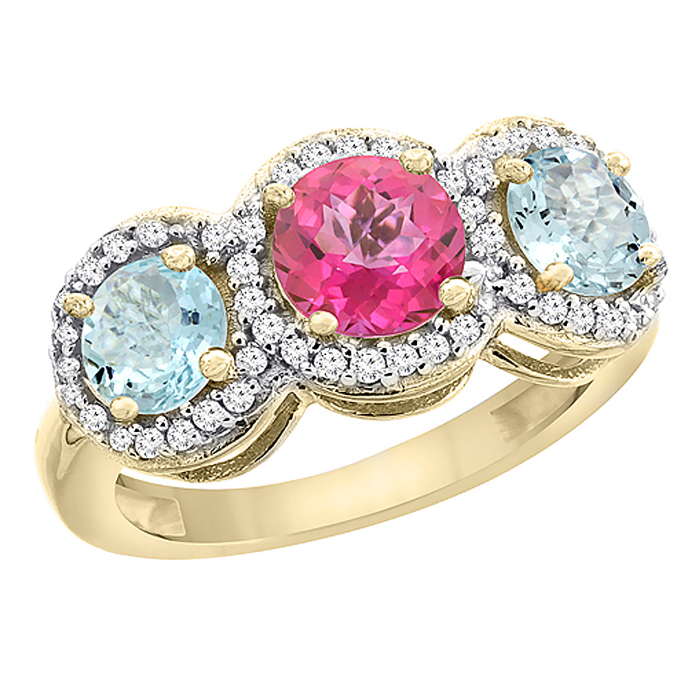 Sabrina Silver 14K Yellow Gold Natural Pink Topaz & Aquamarine Sides Round 3-stone Ring Diamond Accents, sizes 5 - 10