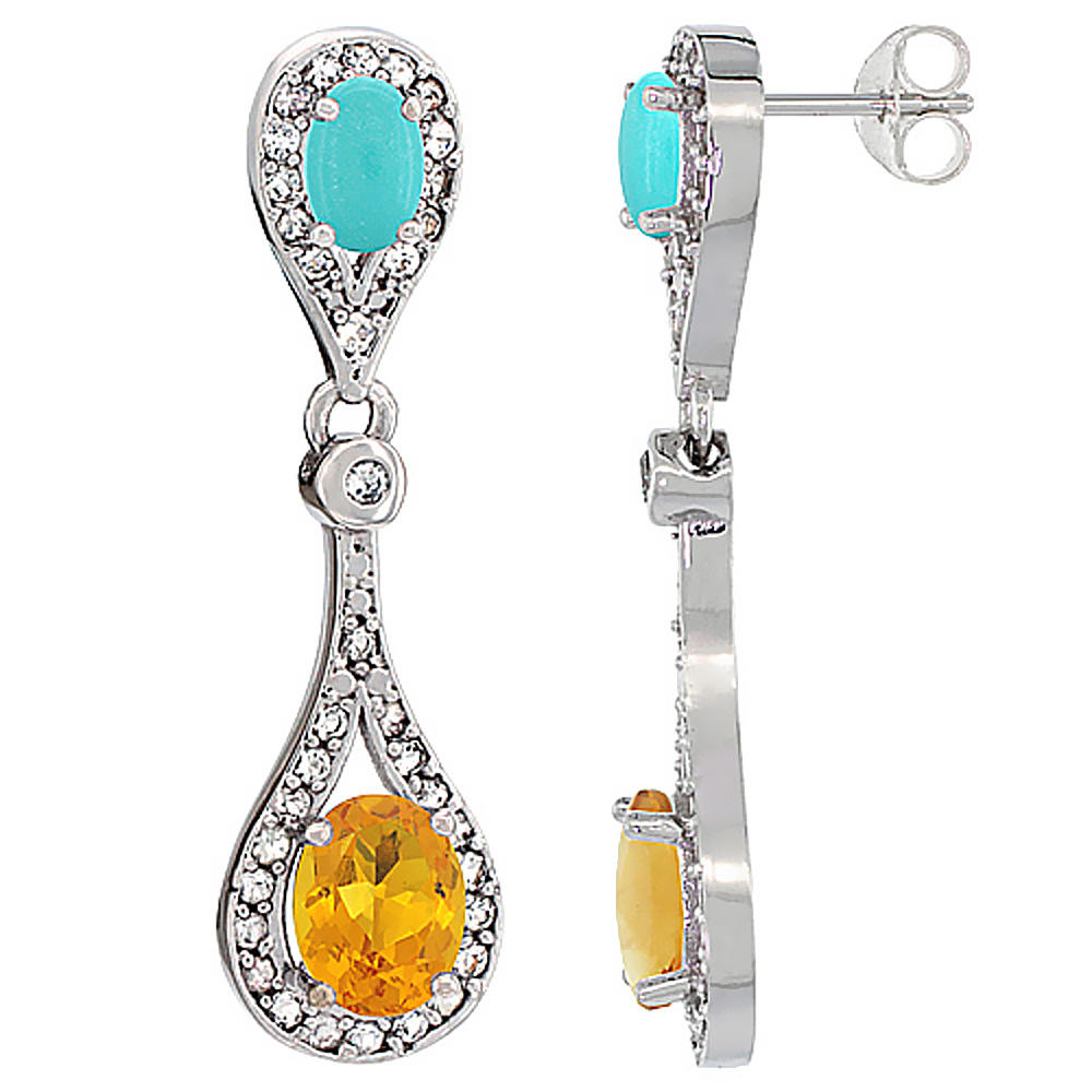 Sabrina Silver 10K White Gold Natural Citrine & Turquoise Oval Dangling Earrings White Sapphire & Diamond Accents, 1 3/8 inches long