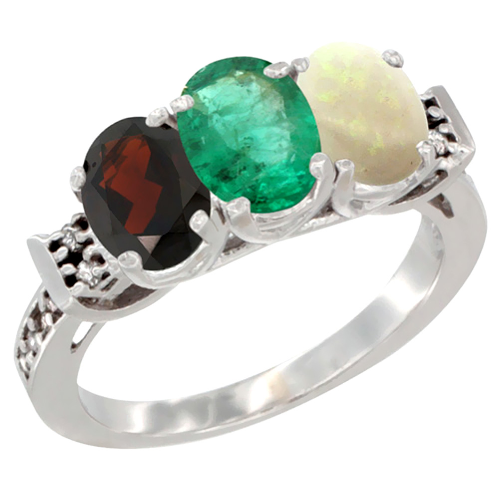 Sabrina Silver 14K White Gold Natural Garnet, Emerald & Opal Ring 3-Stone 7x5 mm Oval Diamond Accent, sizes 5 - 10
