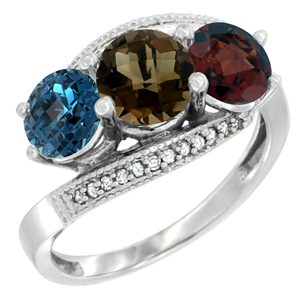 Sabrina Silver 10K White Gold Natural London Blue Topaz, Smoky Topaz & Garnet 3 stone Ring Round 6mm Diamond Accent, sizes 5 - 10