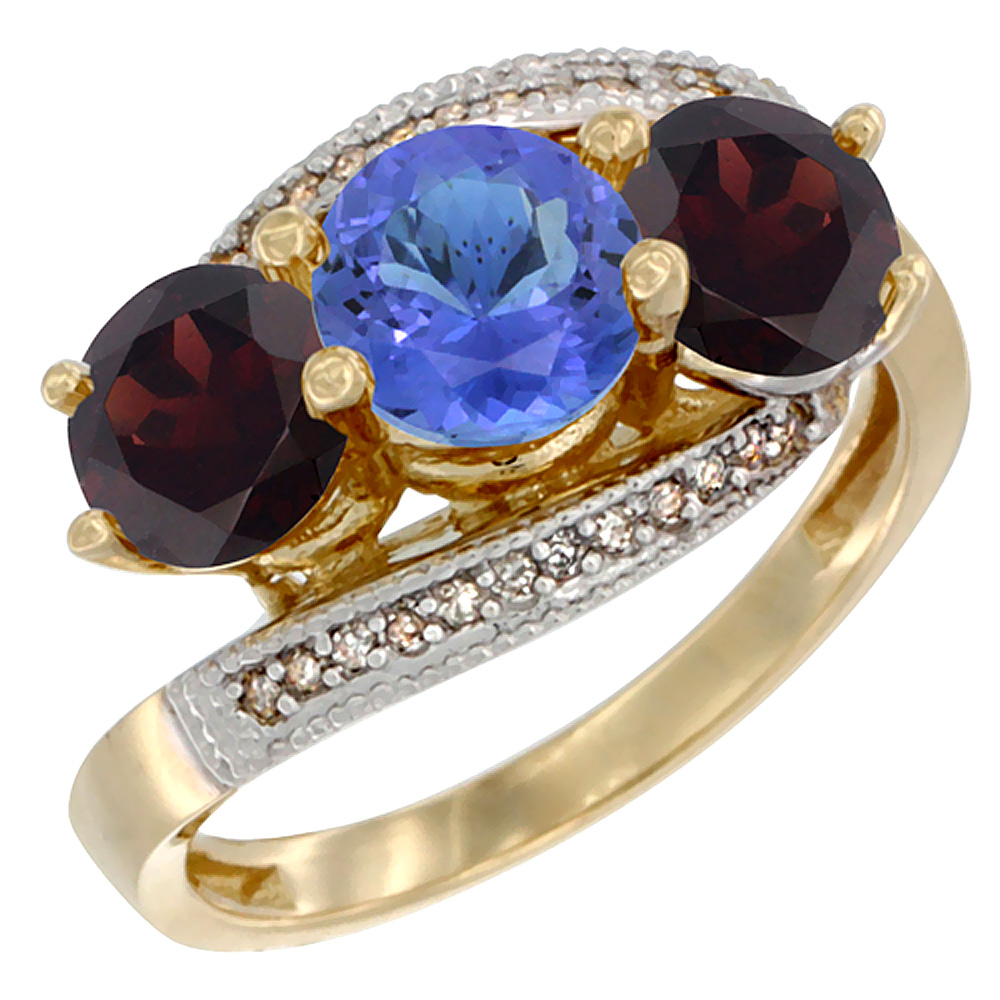 Sabrina Silver 10K Yellow Gold Natural Tanzanite & Garnet Sides 3 stone Ring Round 6mm Diamond Accent, sizes 5 - 10