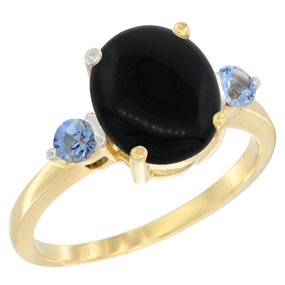 Sabrina Silver 10K Yellow Gold 10x8mm Oval Natural Black Onyx Ring for Women Light Blue Sapphire Side-stones sizes 5 - 10