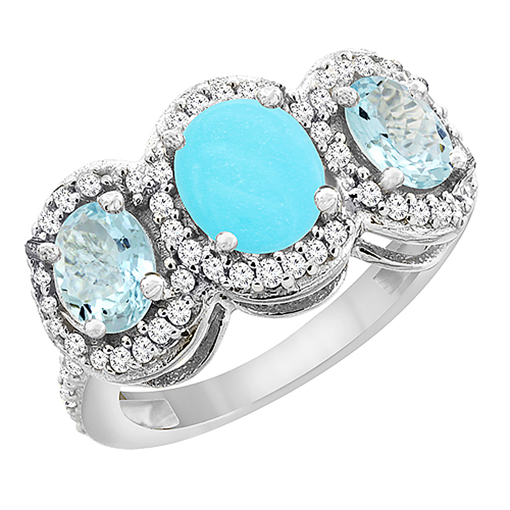 Sabrina Silver 10K White Gold Natural Turquoise & Aquamarine 3-Stone Ring Oval Diamond Accent, sizes 5 - 10