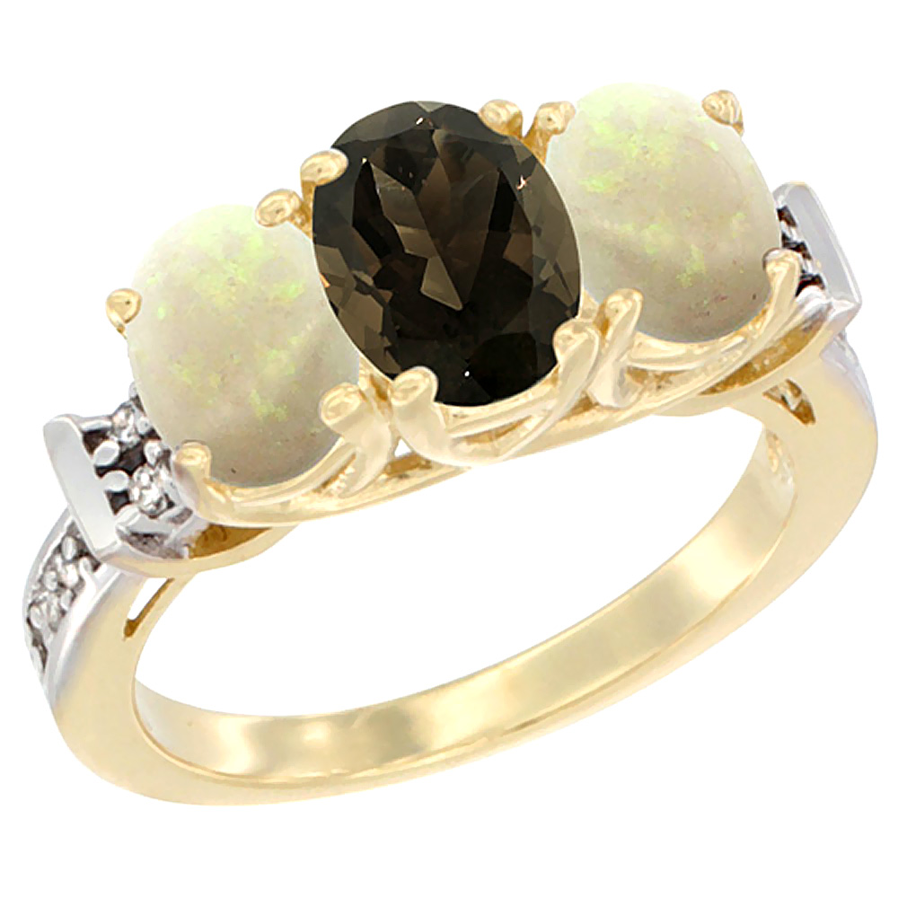 Sabrina Silver 10K Yellow Gold Natural Smoky Topaz & Opal Sides Ring 3-Stone Oval Diamond Accent, sizes 5 - 10