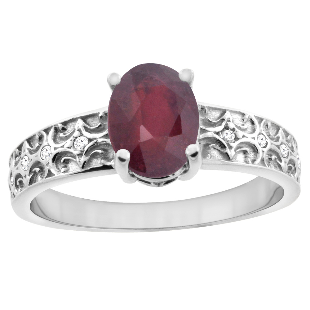 Sabrina Silver 10K White Gold Diamond Natural Quality Ruby Engagement Ring Oval 8x6 mm, size 5 - 10