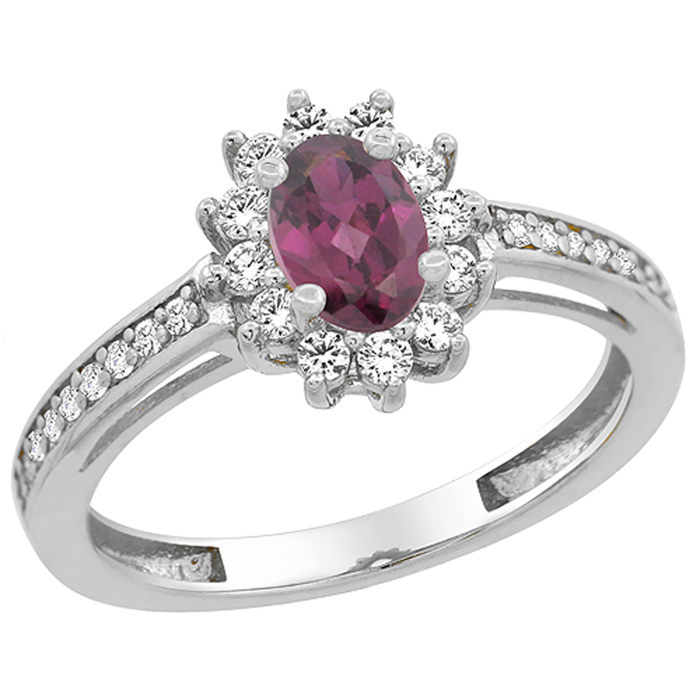 Sabrina Silver 14K White Gold Natural Rhodolite Flower Halo Ring Oval 6x4mm Diamond Accents, sizes 5 - 10