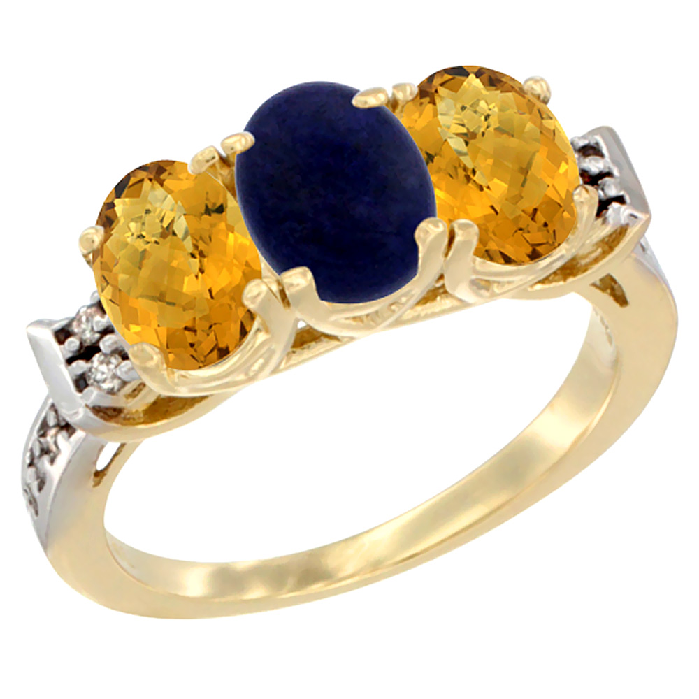 Sabrina Silver 10K Yellow Gold Natural Lapis & Whisky Quartz Sides Ring 3-Stone Oval 7x5 mm Diamond Accent, sizes 5 - 10