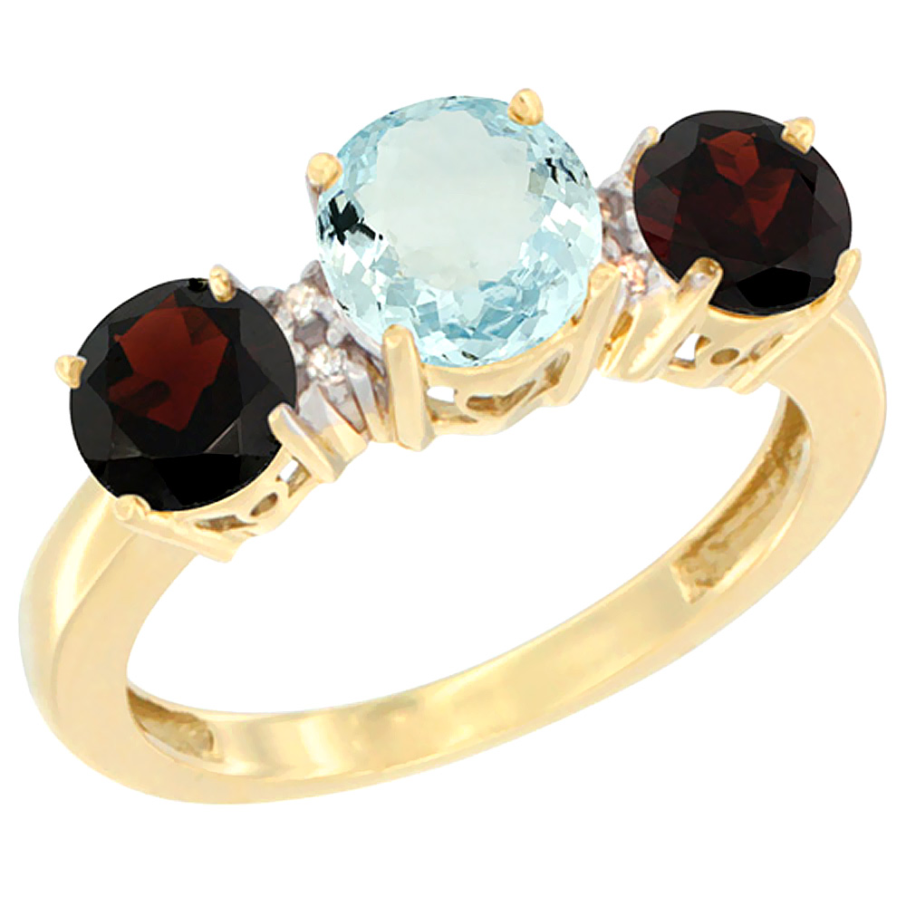 Sabrina Silver 10K Yellow Gold Round 3-Stone Natural Aquamarine Ring & Garnet Sides Diamond Accent, sizes 5 - 10