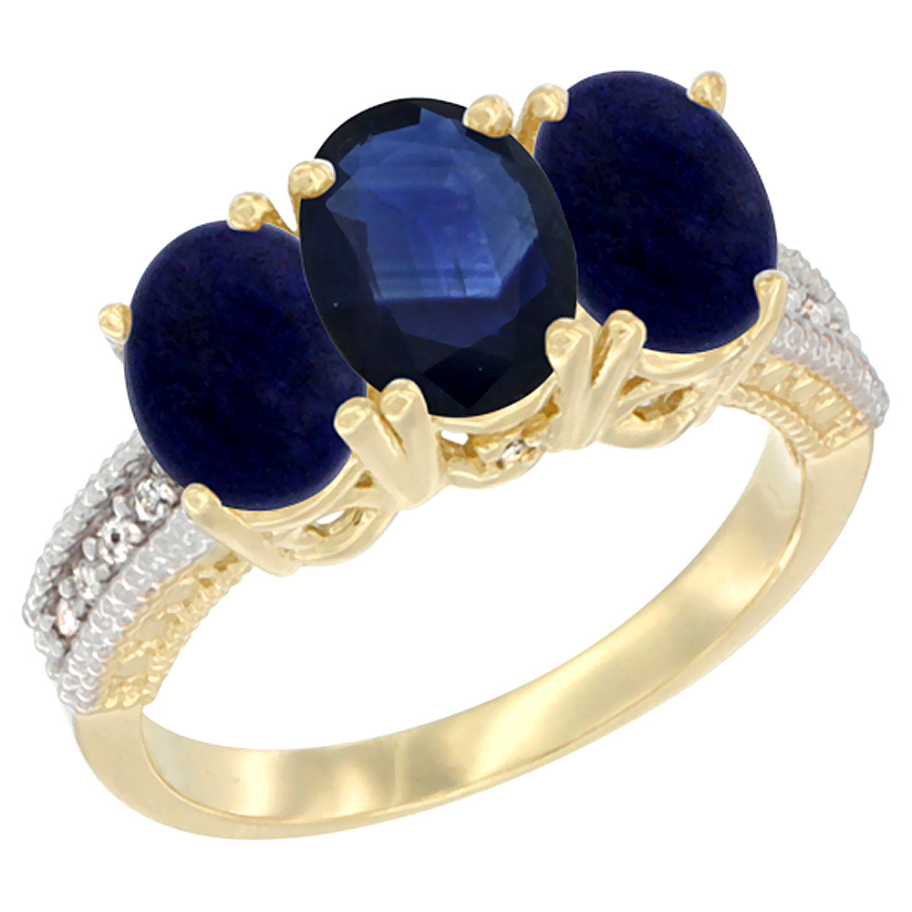 Sabrina Silver 10K Yellow Gold Diamond Natural Blue Sapphire & Lapis Ring 3-Stone 7x5 mm Oval, sizes 5 - 10