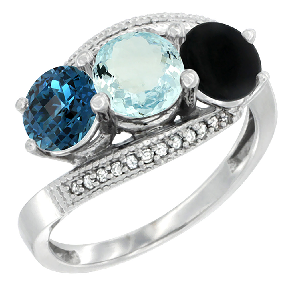 Sabrina Silver 14K White Gold Natural London Blue Topaz, Aquamarine & Black Onyx 3 stone Ring Round 6mm Diamond Accent, sizes 5 - 10