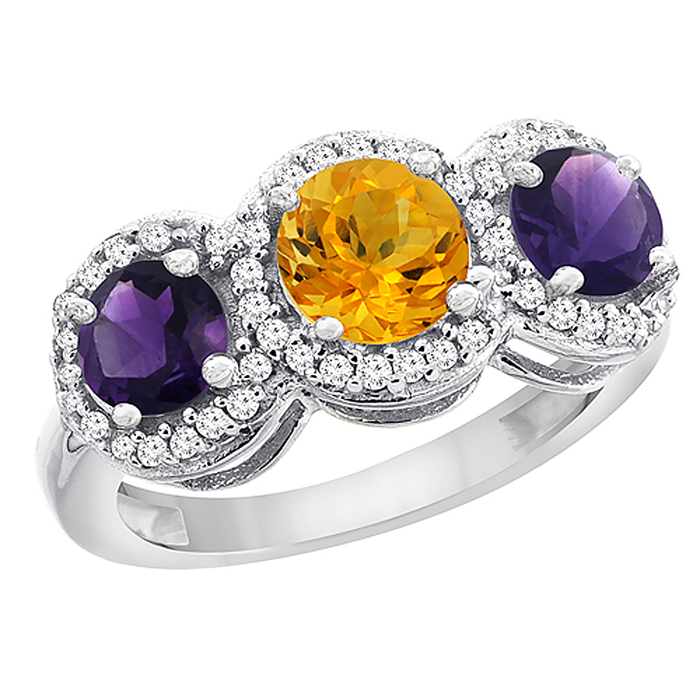 Sabrina Silver 14K White Gold Natural Citrine & Amethyst Sides Round 3-stone Ring Diamond Accents, sizes 5 - 10