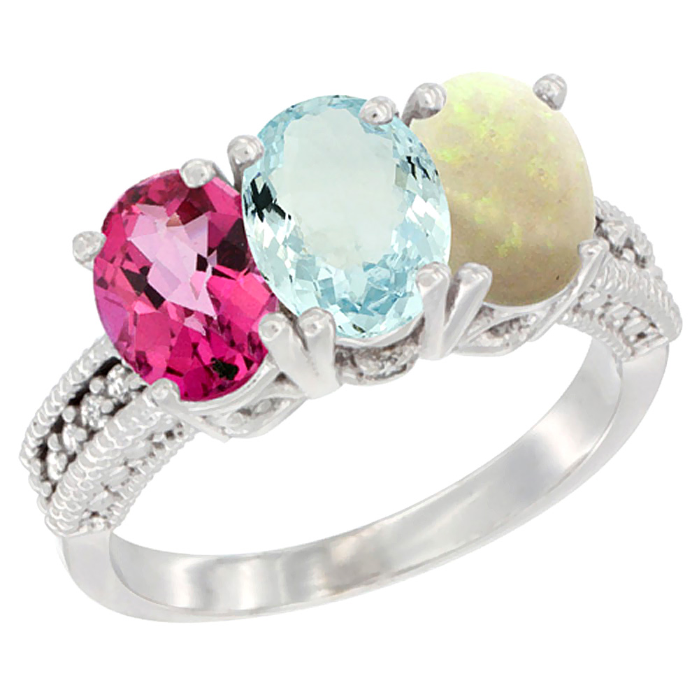 Sabrina Silver 10K White Gold Natural Pink Topaz, Aquamarine & Opal Ring 3-Stone Oval 7x5 mm Diamond Accent, sizes 5 - 10