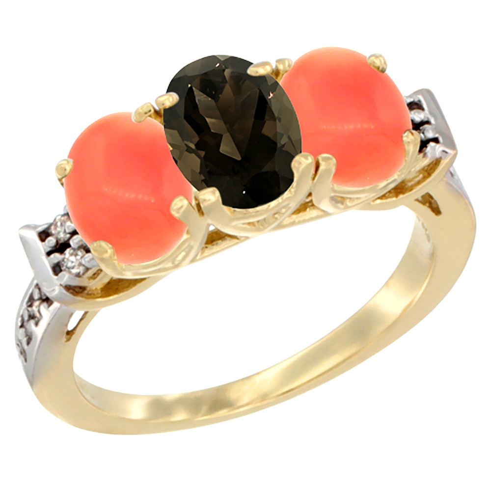 Sabrina Silver 10K Yellow Gold Natural Smoky Topaz & Coral Sides Ring 3-Stone Oval 7x5 mm Diamond Accent, sizes 5 - 10