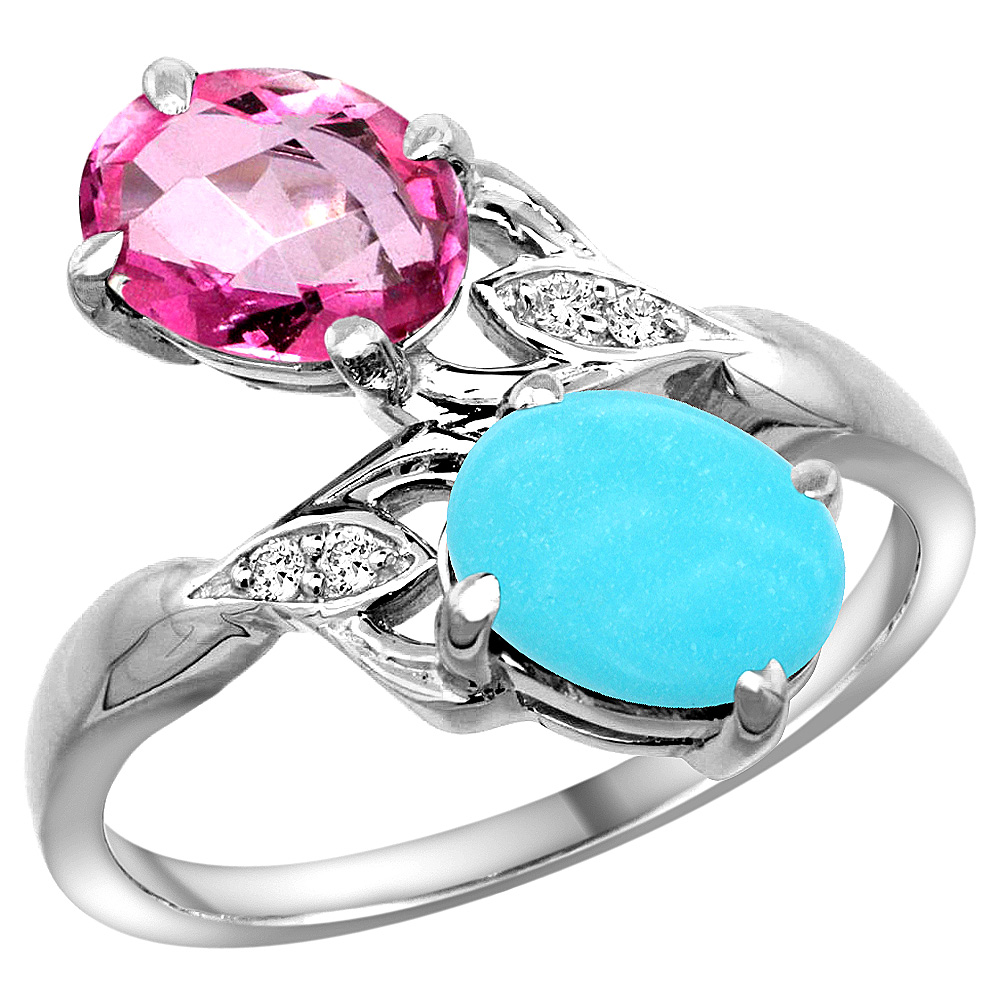 Sabrina Silver 10K White Gold Diamond Natural Pink Topaz & Turquoise 2-stone Ring Oval 8x6mm, sizes 5 - 10