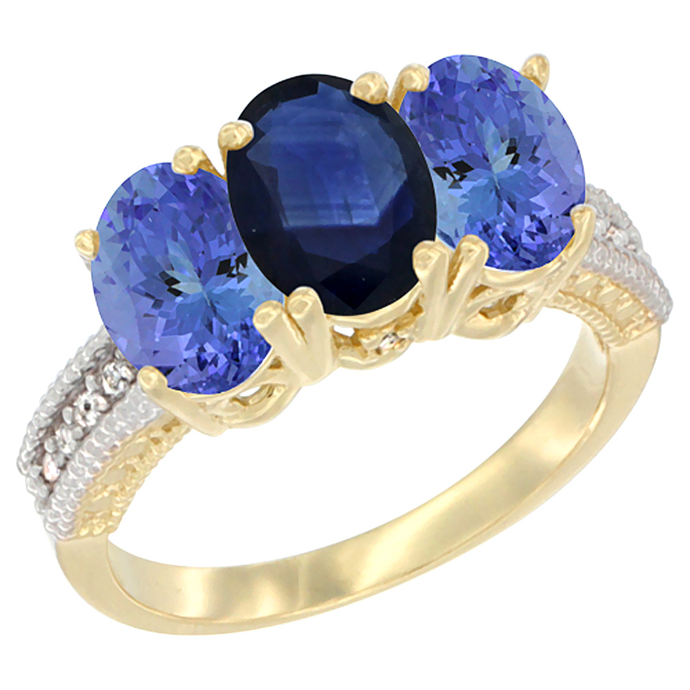 Sabrina Silver 10K Yellow Gold Diamond Natural Blue Sapphire & Tanzanite Ring 3-Stone 7x5 mm Oval, sizes 5 - 10