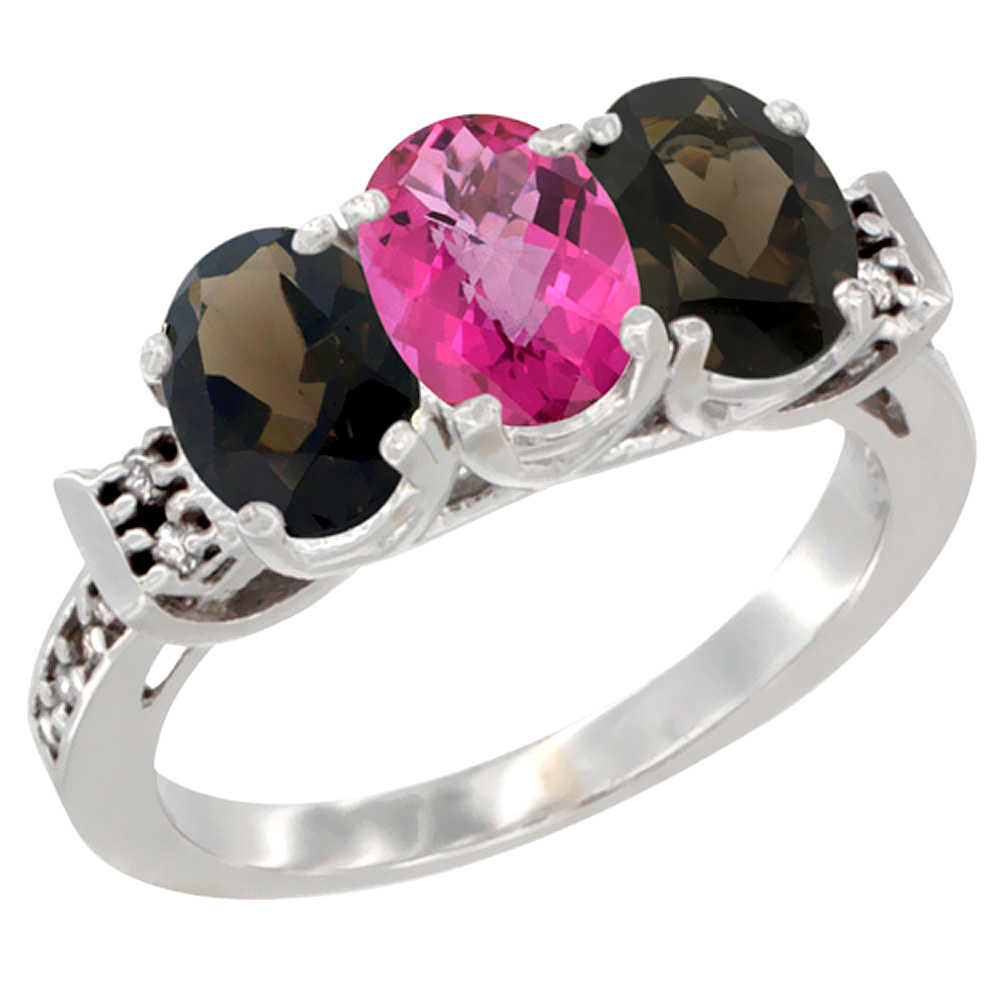 Sabrina Silver 14K White Gold Natural Pink Topaz & Smoky Topaz Sides Ring 3-Stone Oval 7x5 mm Diamond Accent, sizes 5 - 10